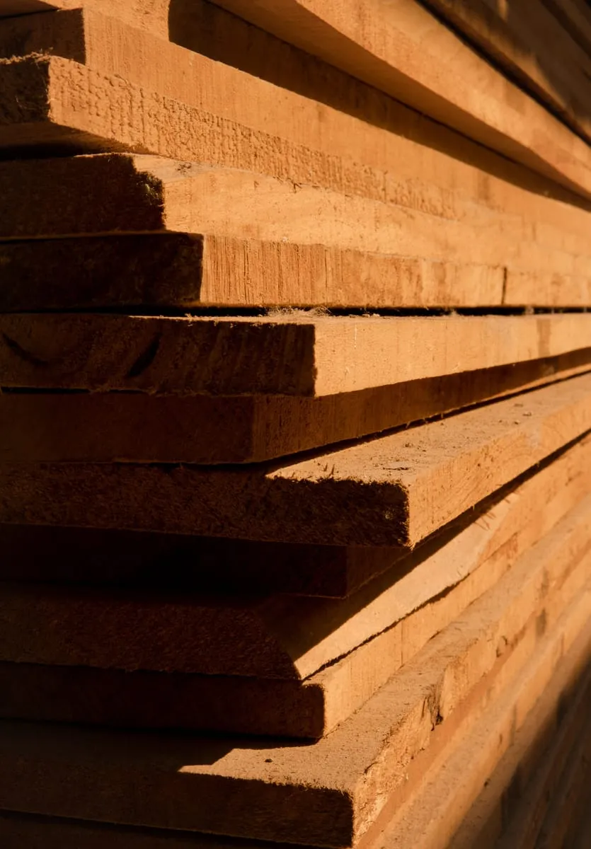 Sawn timber boards stacked in a store, lit from the side